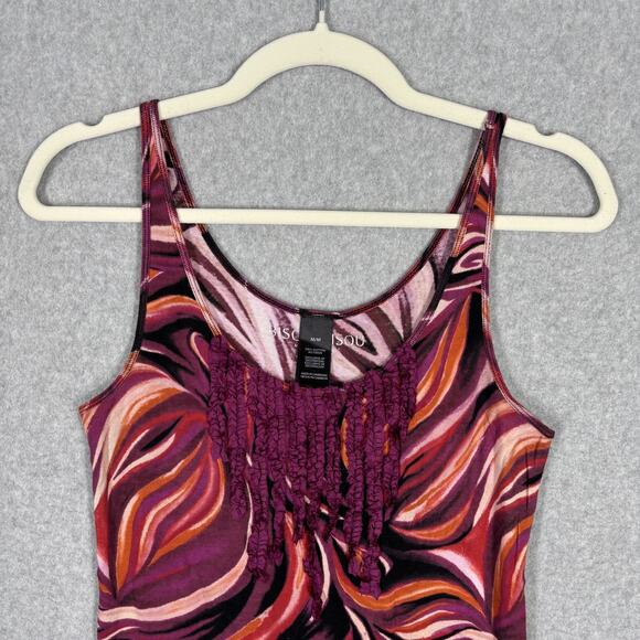 Bisou Bisou Tank Top‎ Medium Swirl Fringe Ruffle Tuxedo Boho Feminine Disco 70s - Picture 2 of 10
